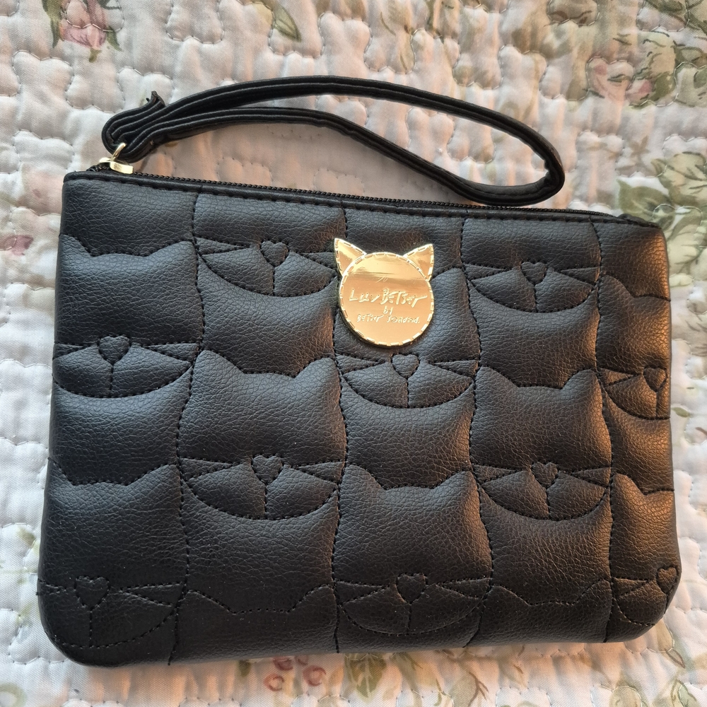 Luv Betsey by Betsey Johnson black quilted crossbody Wristlet bag cat-themed